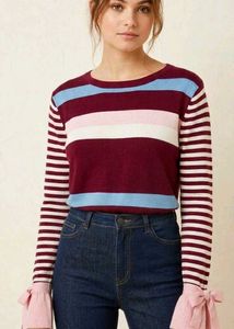 Striped Knit Sweater with Bow Detail