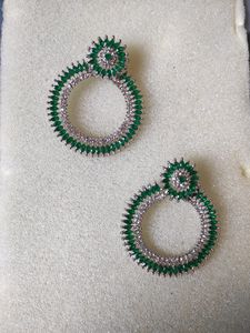Green &amp; White Diamond Chand Bali Earrings