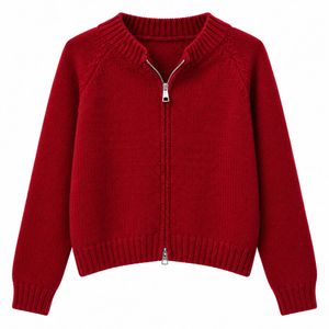Chic Red Zip-Up Knit Cardigan