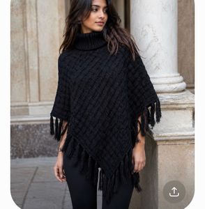 Black Knit Poncho with Fringe