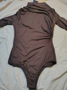 Shein Brown Ruched Mock Neck Bodysuit