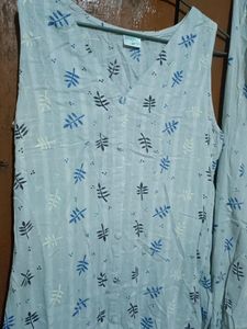 Light Blue Leaf Print Button-Up suit set