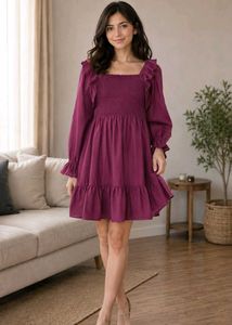 Burgundy Mini Dress - Ruffle Hem