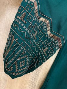 Emerald Green Blouse with Embroidered Sleeves