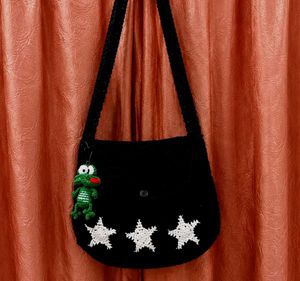 Crocheted Black Crossbody Bag with Frog Charm