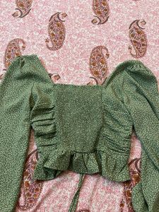 Green Floral Print Ruched Crop Top