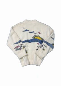 Vintage Cream Fuzzy Graphic Cardigan Sweater