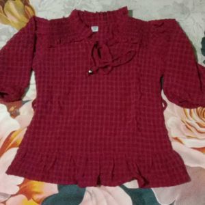 Maroon Textured Puff Sleeve Top