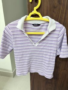 Purple Striped Cropped Polo Top