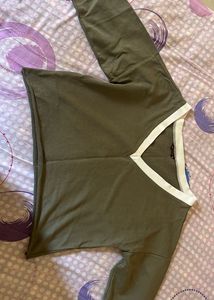 Olive Green V-Neck Long Sleeve Top