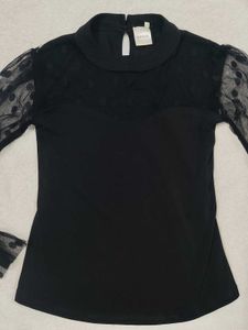 Elegant Black Polka Dot Mesh Sleeve Top