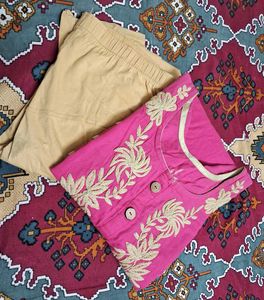 Embroidered Pink Kurta with Beige Bottoms