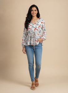 White Floral Print Top with Tie Waist