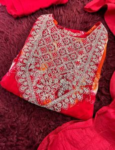 Red Embroidered Kurta Set