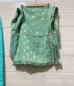 Zari work Elegant Teal &amp; Lime Kurta Set with banar