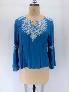 Blue Embroidered Bell Sleeve Blouse