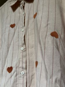 Cute Heart Striped Button-Up Oversized Fit Shirt