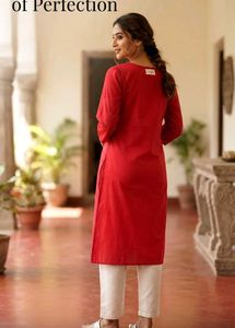 Vibrant Red Cotton Kurta with Gold Accent