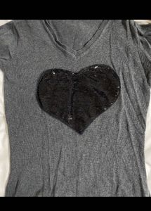 Grey Y2K Sequin V-Neck Sweatshirt Top