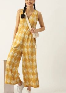 Yellow Leaf Print Sleeveless Jumpsuit