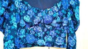 Blue Floral Long Sleeve Crop Top