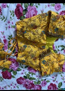 Yellow Embroidered Blouse with Tassel Tie-up