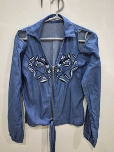 Embroidered Cotton Denim Zip-Up Top