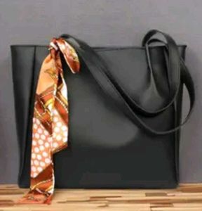 Chic Black Tote Bag with Scarf Accent