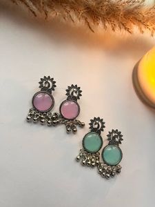 Peacock Design Earrings - Pink &amp; Teal