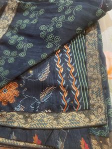 Elegant Dark Blue Floral Print Saree