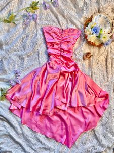 Strapless Pink Satin assymetrical  Ruffle Dress