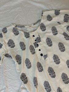 White Kurta with Navy Blue Print
