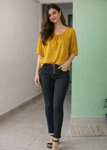 Black High Waisted Jeans  with mustard top