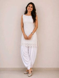 Elegant White Lace Kurta with Dhoti Pants