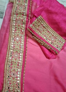 Elegant Pink Saree with Mirror Work Border