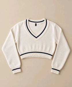 IVORY &amp; BLACK STRIPED CROPPED V-NECK SWEATER