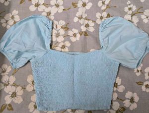 Light Blue Puff Sleeve Smocked Crop Top