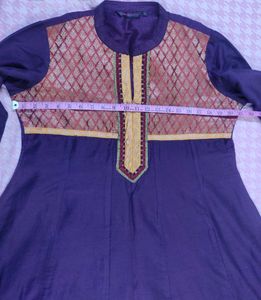 Purple Ethnic A-line Kurta With Red &amp; Golden Jari