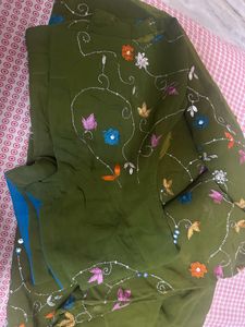 Olive Green Embroidered Saree with Floral Work
