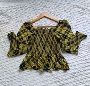 Smocked Plaid Off-Shoulder Top