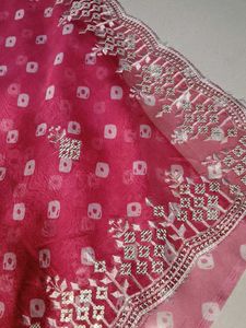 Beautiful Pink Saree with Intricate White Embroide