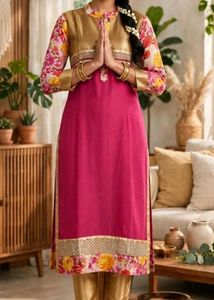 Vibrant Pink &amp; Gold Floral Kurta Set