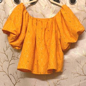 mustard Off-Shoulder Puff Sleeve Top