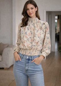 Floral Mock Neck Smocked Blouse