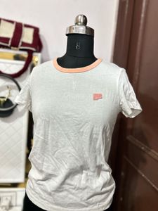 White T-Shirt with Peach Trim