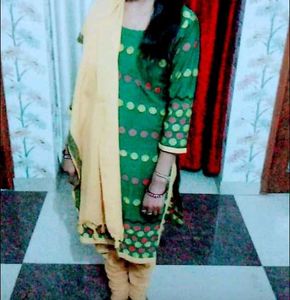 Green Kurta Set with Yellow Dupatta