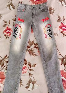 Stylish Grey Jeans with Graphic Print