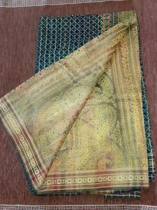 Teal Saree with Gold Print ,without blouse.