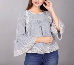 Striped Lace Trim Bell Sleeve Top