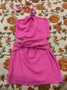 Hot Pink Textured Crop Top &amp; Skirt Set